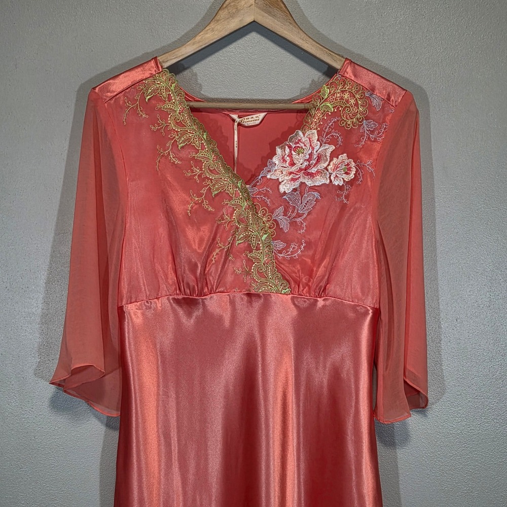 Embroidered Satin Dress Womens Large Coral Faux Wrap Romantic Fairy Regencycore - Picture 12 of 13